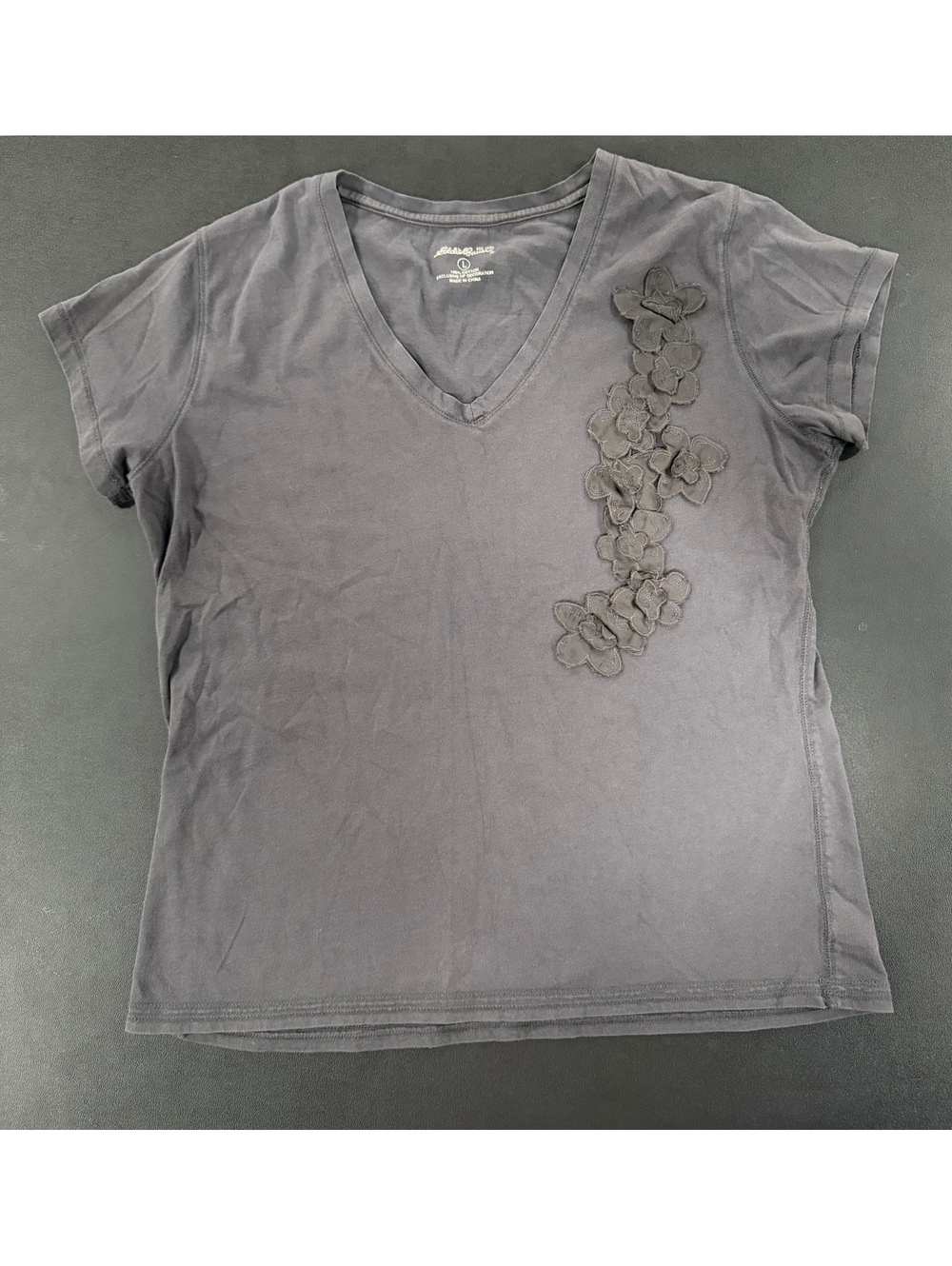 Eddie Bauer Women's Gray Short Sleeve V-Neck T-Shirt with Floral Applique, SizeL
